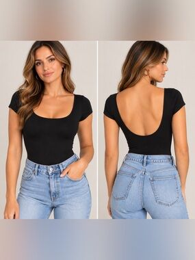 Solado Black Backless Scoop Neck Short Sleeve Thong Bodysuit Women’s M Y2K